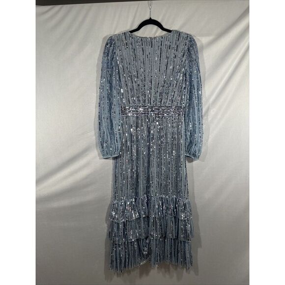 NWT MAC DUGGAL [ 8 ] 23006 Long‎ Sleeve Deep V Tiered Ruffle Sequin Dress Slate - Picture 13 of 16